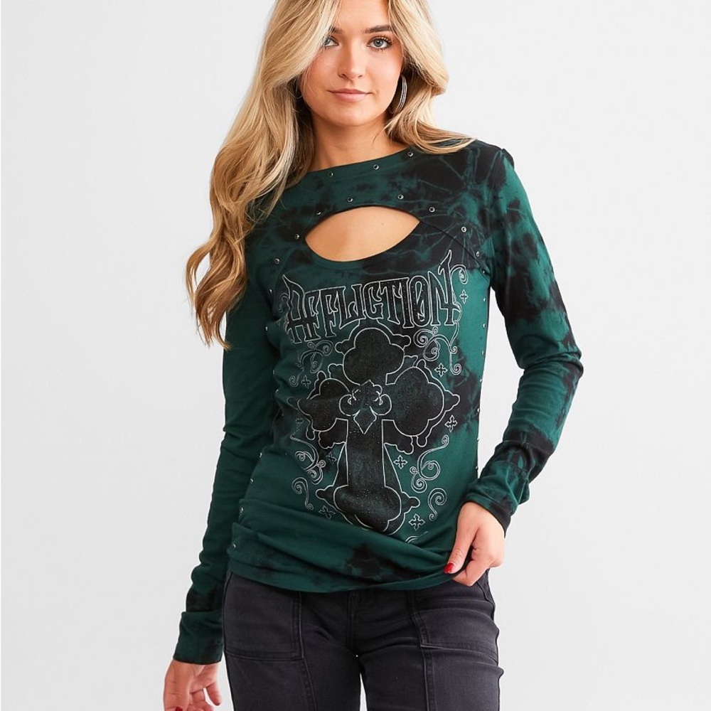 Affliction Eastwood Blossom Cut Out Long Sleeve Green Graphic T-Shirt Top
